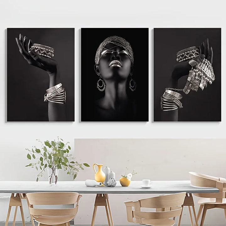 Set of 3Pcs Black Golden Woman Portrait Wall Art Fine Art Canvas Prints Pictures For Luxury Living Room Dining Room Home Office Decor