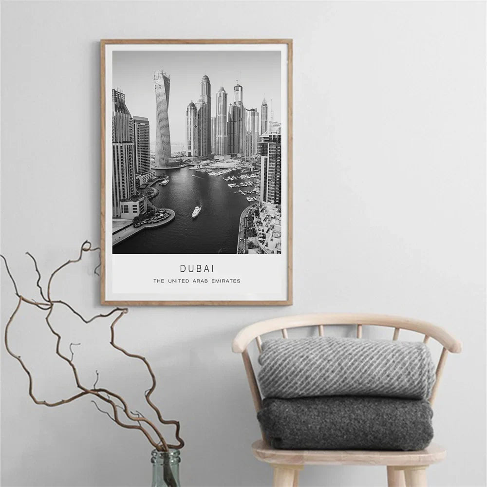 Dubai Skyline Poster International Travel Wall Art Fine Art Canvas Prints Black White Pictures For Living Room Dining Room Home Office Art Decor