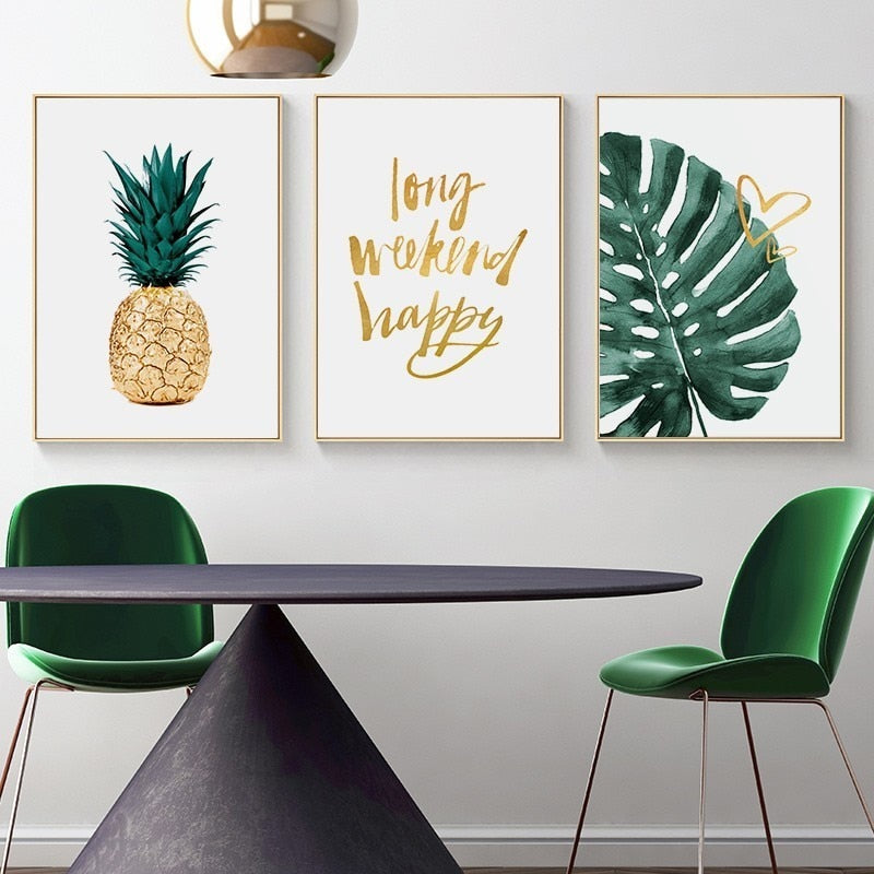 Gold Pineapple Tropical Turtle Leaf Modern - Canvas Wall Art Painting