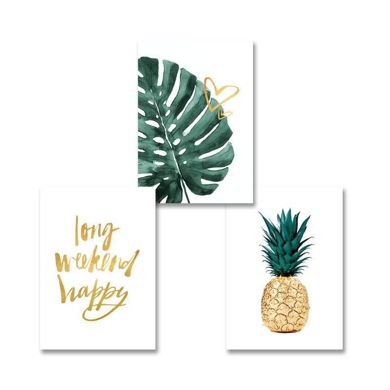 Gold Pineapple Tropical Turtle Leaf Modern - Canvas Wall Art Painting