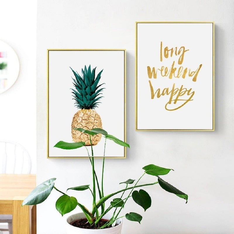Gold Pineapple Tropical Turtle Leaf Modern - Canvas Wall Art Painting