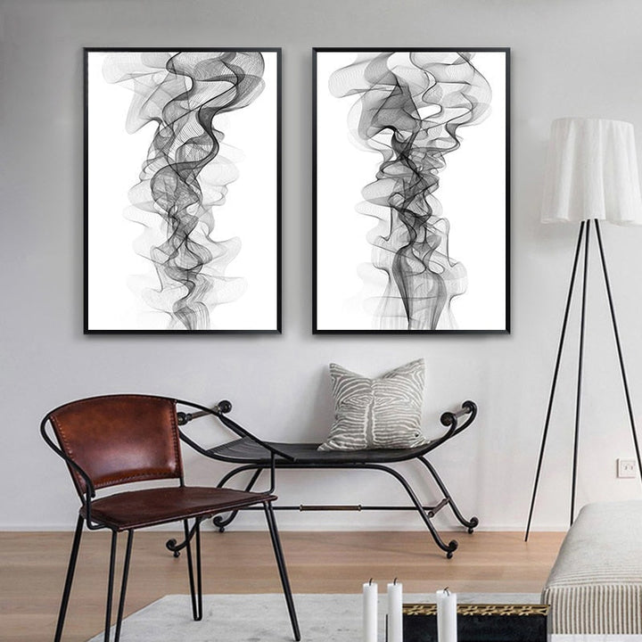 Minimalist Abstract Wavy Lines Pattern Black White - Canvas Wall Art Painting