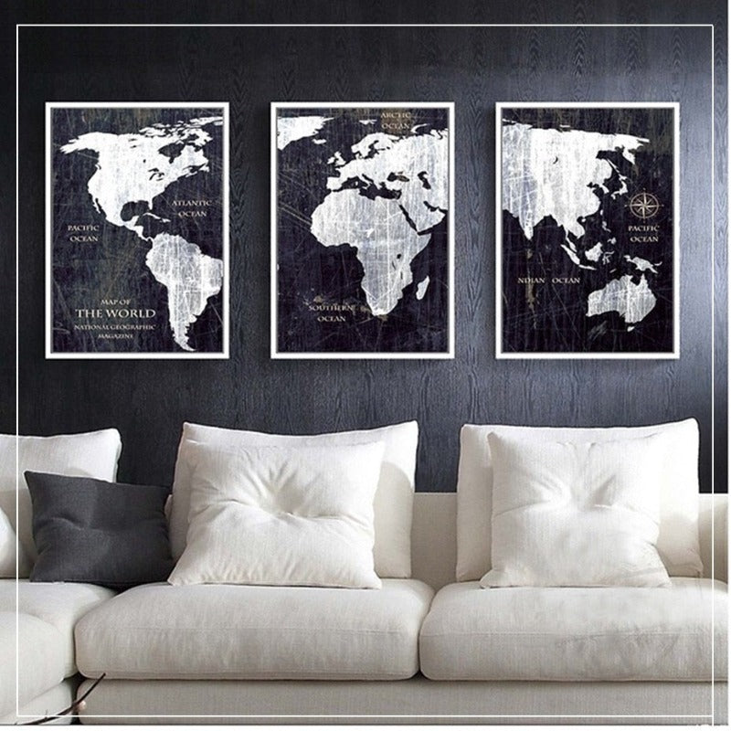 Vintage Black And White World Map Posters Prints - Canvas Wall Art Painting