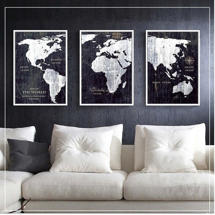 Vintage Black And White World Map Posters Prints - Canvas Wall Art Painting