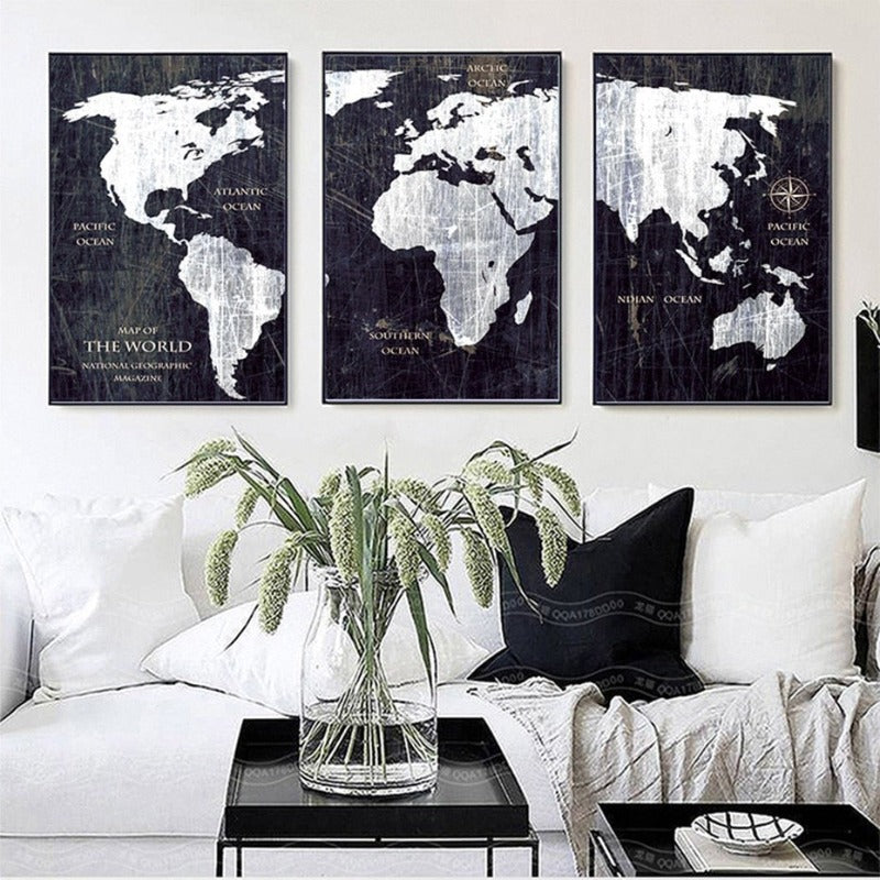 Vintage Black And White World Map Posters Prints - Canvas Wall Art Painting