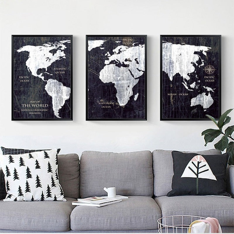 Vintage Black And White World Map Posters Prints - Canvas Wall Art Painting