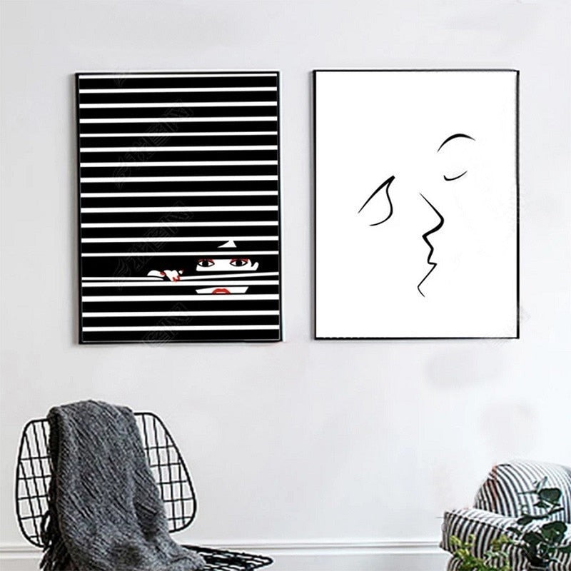Fashion Women Abstract Kiss Poster Voyeur - Canvas Wall Art Painting