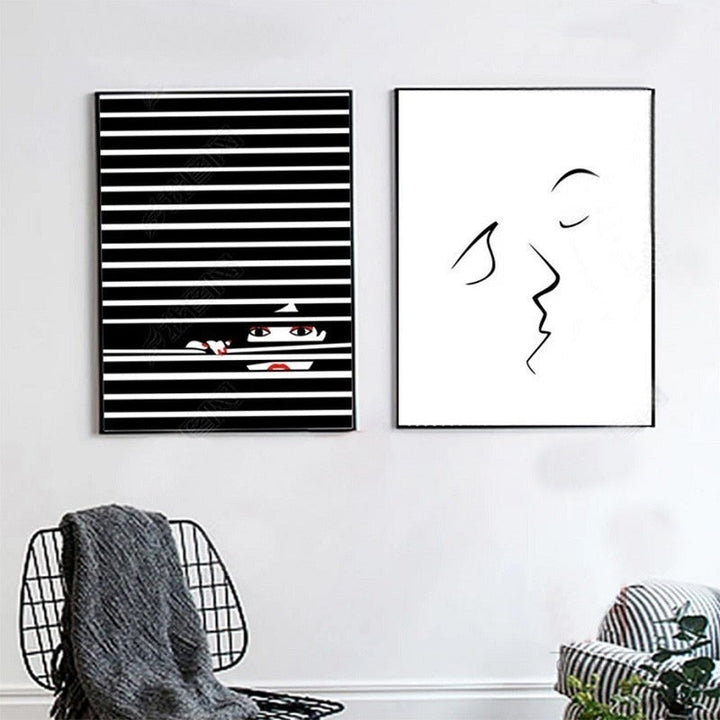 Fashion Women Abstract Kiss Poster Voyeur - Canvas Wall Art Painting
