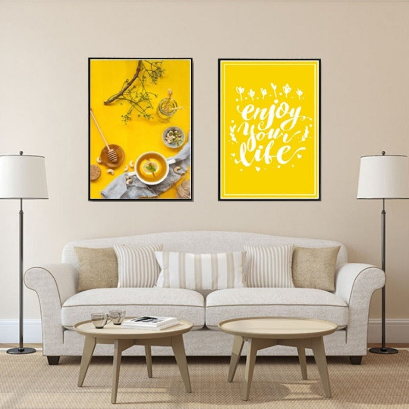 Food Tea Poster Life Quote Yellow Background - Canvas Wall Art Painting