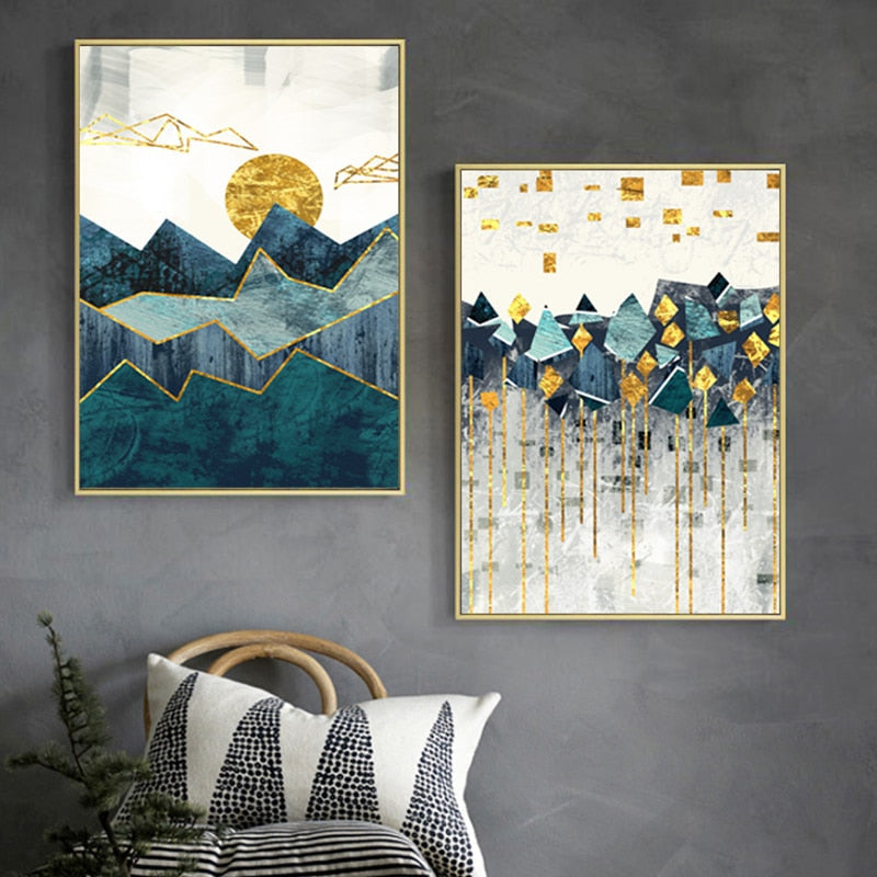 Vintage Abstract Geometric Sunrise Scene Wall Art - Canvas Wall Art Painting