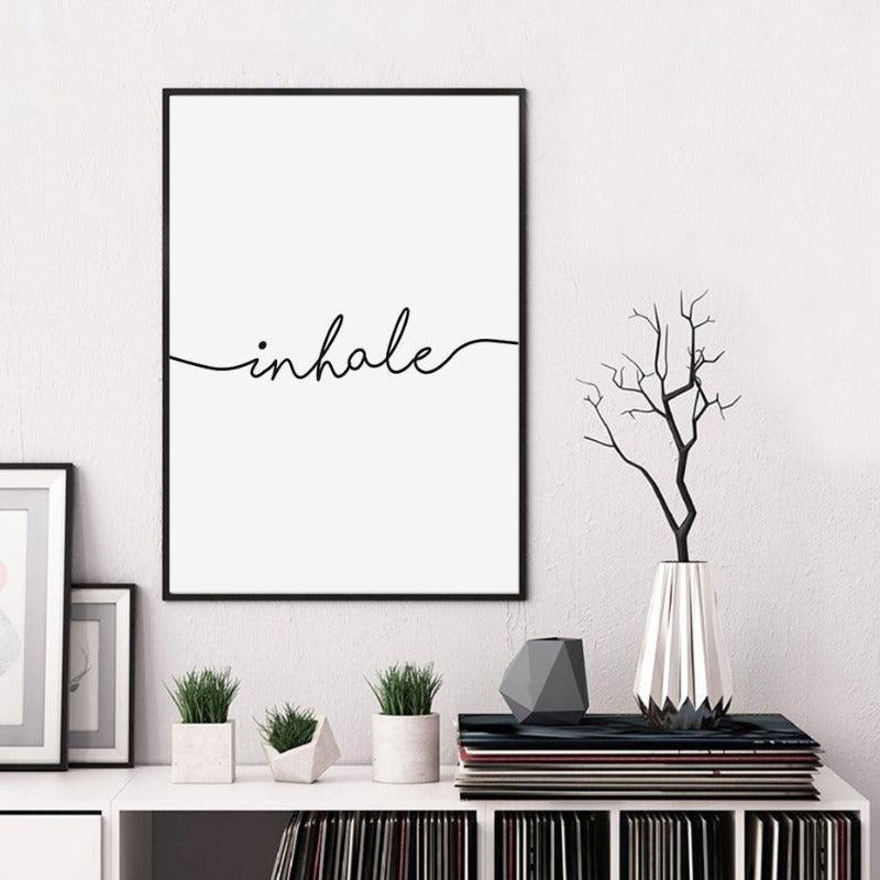 Minimalist Black White Exhale Inhale Letters - Canvas Wall Art Painting