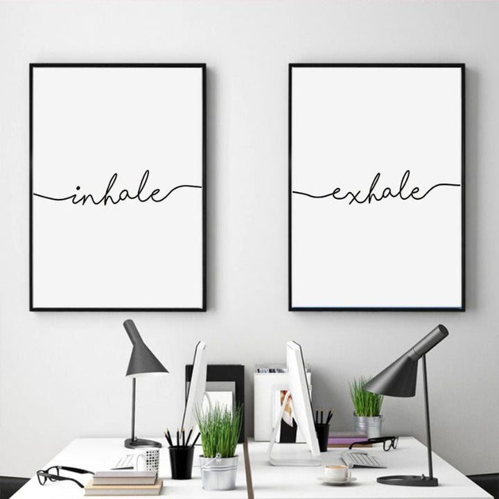 Minimalist Black White Exhale Inhale Letters - Canvas Wall Art Painting