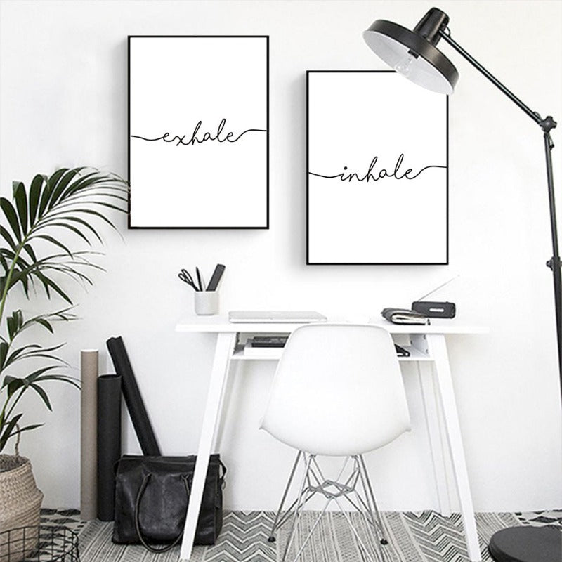 Minimalist Black White Exhale Inhale Letters - Canvas Wall Art Painting