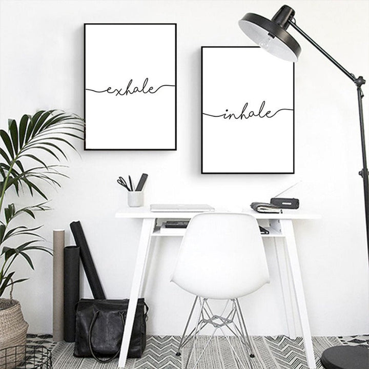 Minimalist Black White Exhale Inhale Letters - Canvas Wall Art Painting