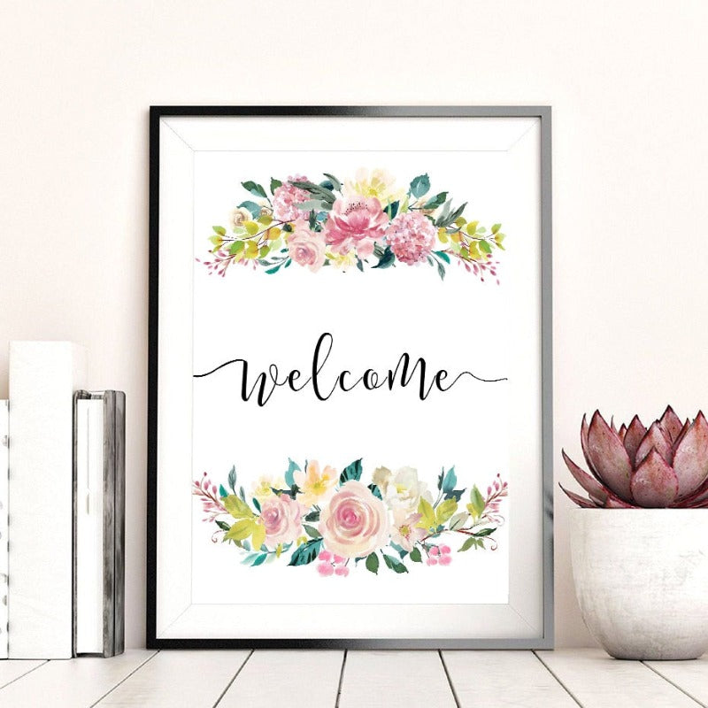Floral Welcome Sign Poster - Canvas Wall Art Painting