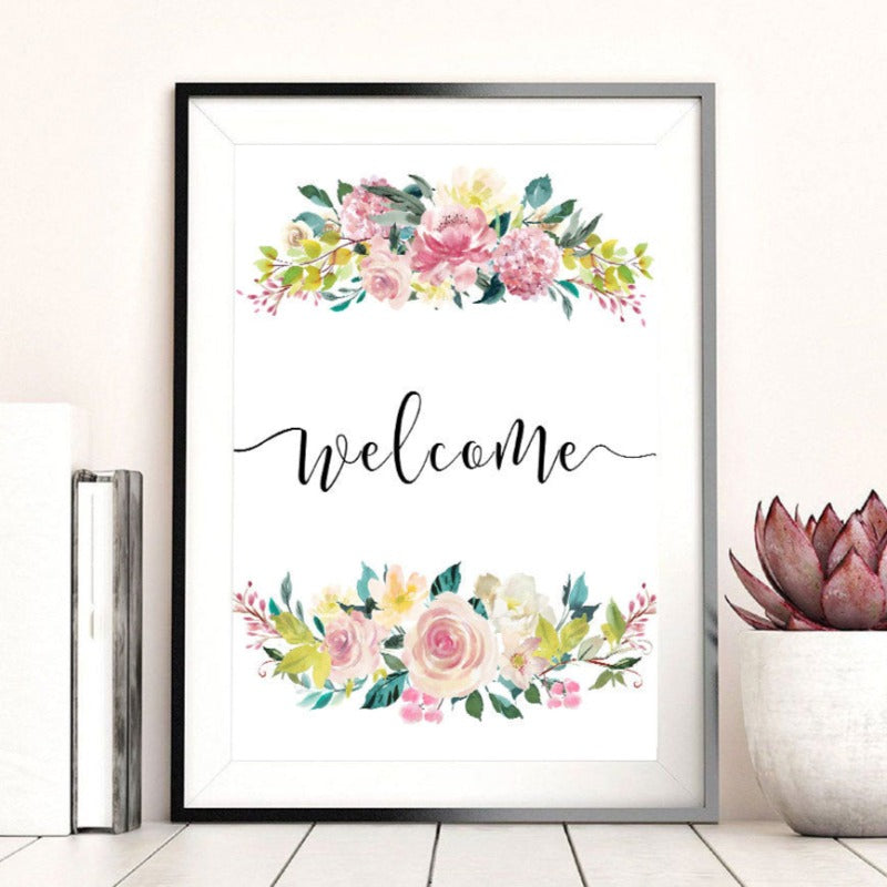 Floral Welcome Sign Poster - Canvas Wall Art Painting