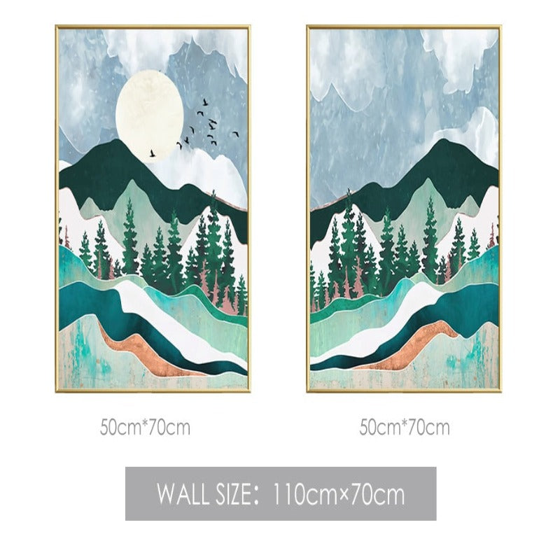 Trendy Abstract Mountain Landscape Mint Green - Canvas Wall Art Painting