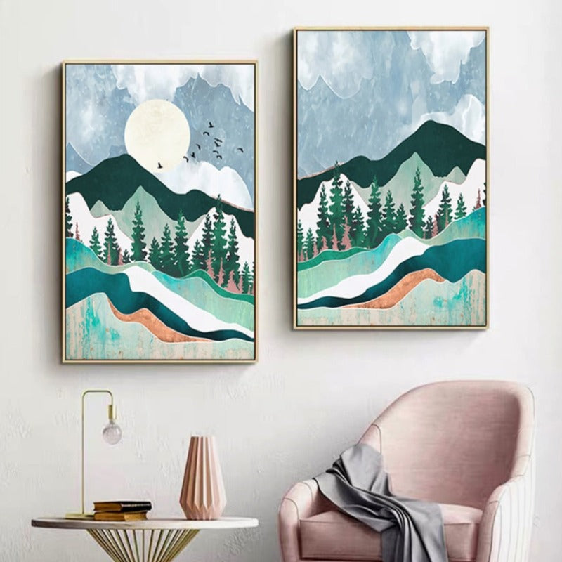 Trendy Abstract Mountain Landscape Mint Green - Canvas Wall Art Painting