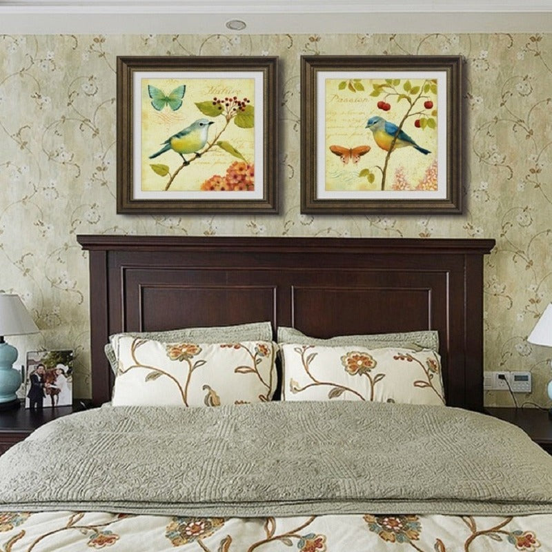 Vintage Europe Birds Butterfly Flowers - Canvas Wall Art Painting