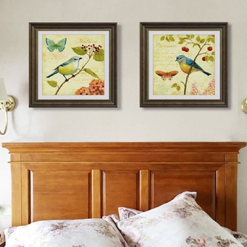 Vintage Europe Birds Butterfly Flowers - Canvas Wall Art Painting