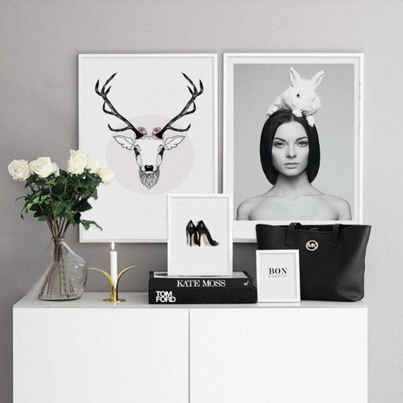 Deer Poster & Print Black Wall - Canvas Wall Art Painting