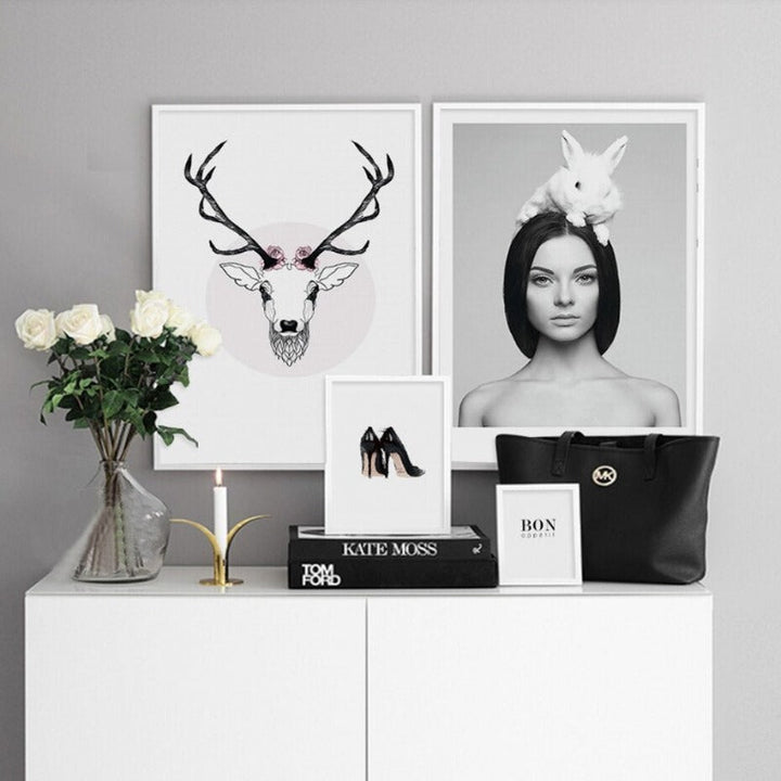 Deer Poster & Print Black Wall - Canvas Wall Art Painting