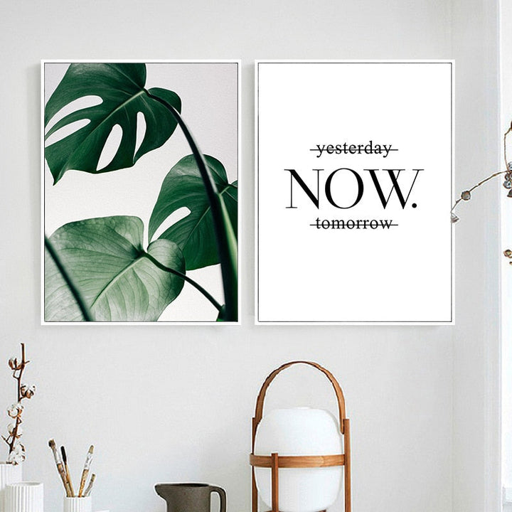 Green Leaves Plants Now Inspiring Quote - Canvas Wall Art Painting