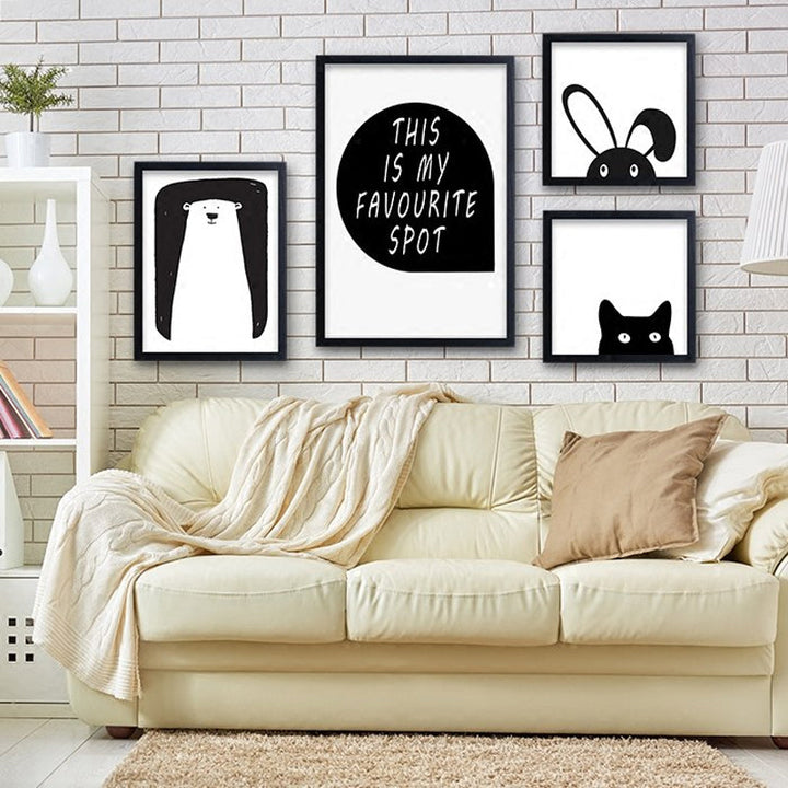 Minimalist Black And White Cartoon Bear Nursery Decor - Canvas Wall Art Painting