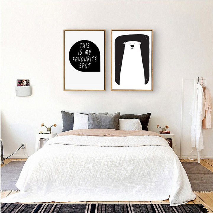 Minimalist Black And White Cartoon Bear Nursery Decor - Canvas Wall Art Painting