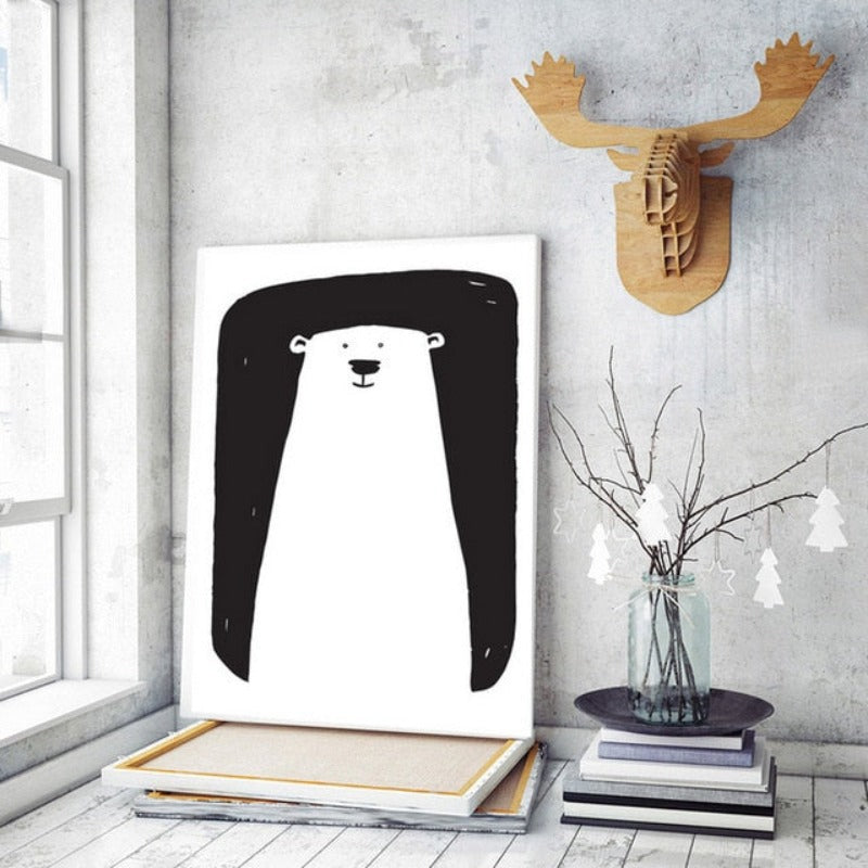 Minimalist Black And White Cartoon Bear Nursery Decor - Canvas Wall Art Painting