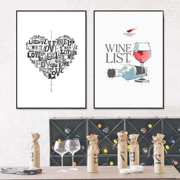 Love Heart Wine Prints Kitchen Posters - Canvas Wall Art Painting