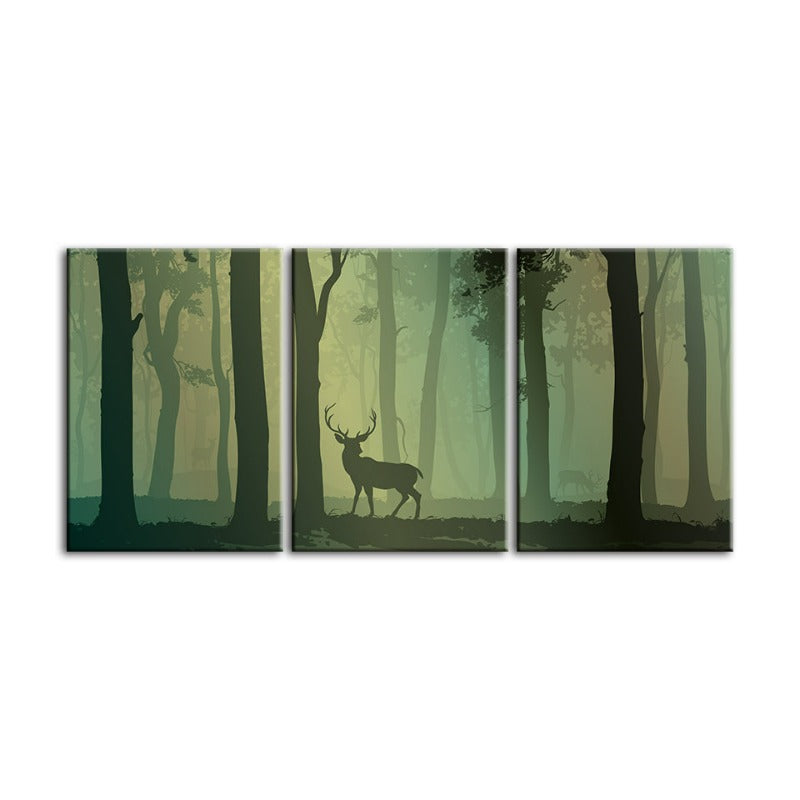 Enchanted Green Toned Silhouetted Deer-Canvas Wall Art Painting 3 Pieces