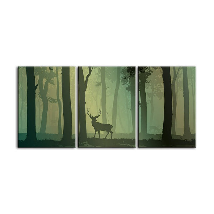 Enchanted Green Toned Silhouetted Deer-Canvas Wall Art Painting 3 Pieces